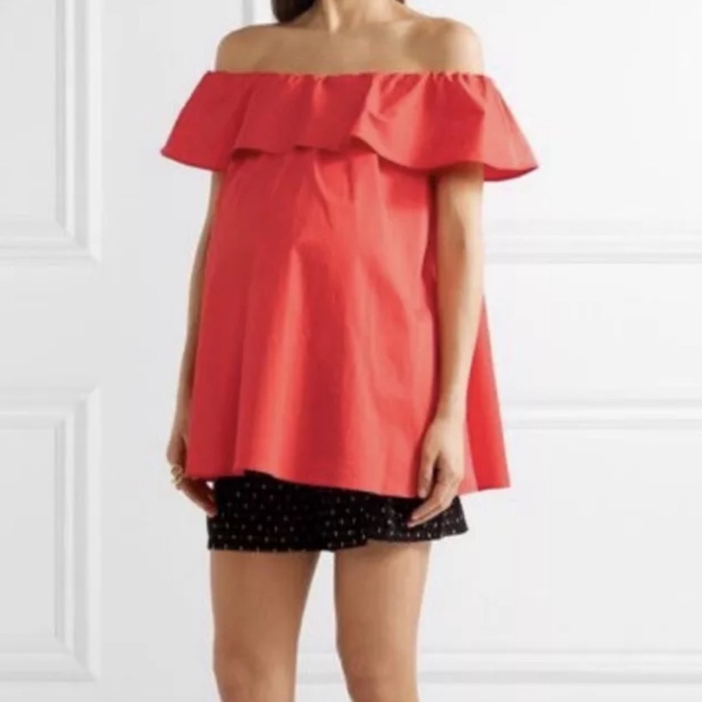 Hatch Off-Shoulder Ruffle Maternity Top in Coral Red